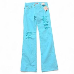 Y2K Aqua Blue Low Rise Studded Ripped Flare Jeans, Women's Size 7/8